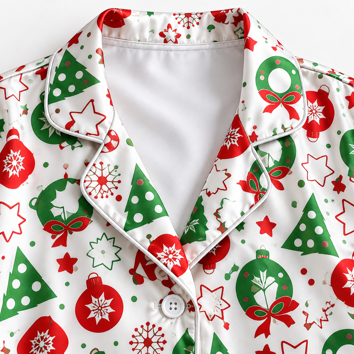 PJ-1989-Christmas Tree Ornament Satin Pajama Set, Candy Cane Snowflake Festive Holiday Sleepwear
