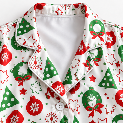 PJ-1989-Christmas Tree Ornament Satin Pajama Set, Candy Cane Snowflake Festive Holiday Sleepwear