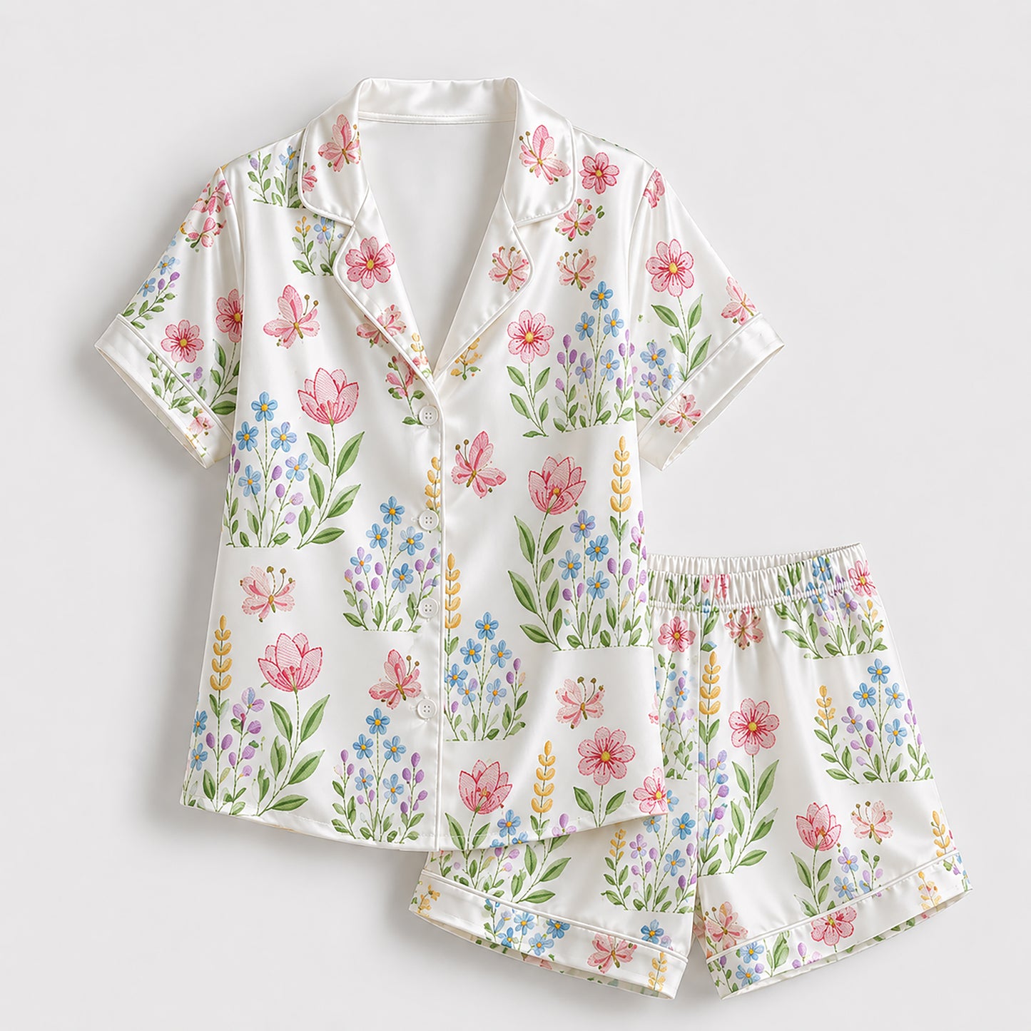 PJ-199-Delicate Garden Flower Satin Pajama Set With Botanical Print And Comfortable Matching Bottoms FREE SHIPPING