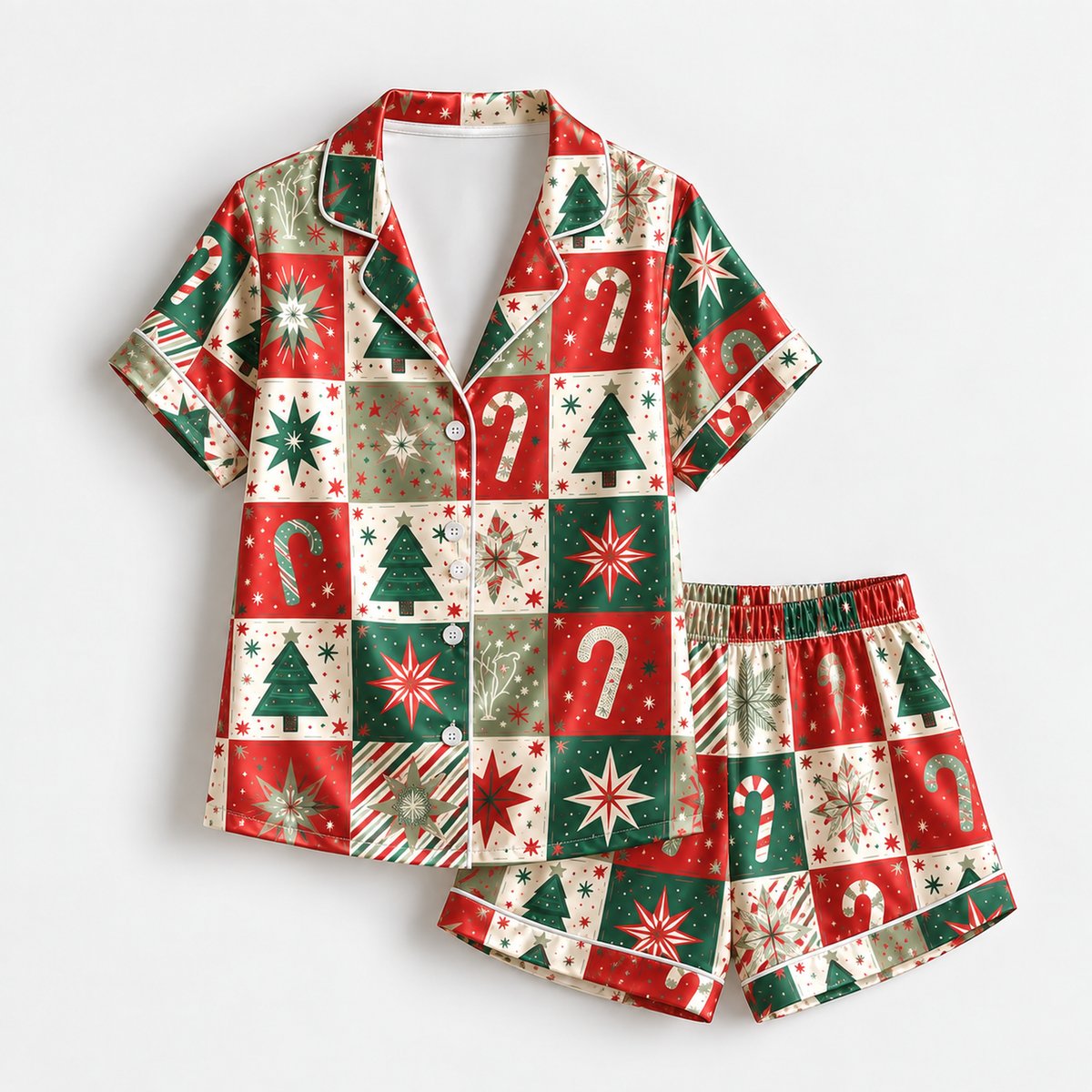 PJ-1990-Vintage Christmas Patchwork Satin Pajama Set, Candy Cane Tree Star Festive Holiday Sleepwear