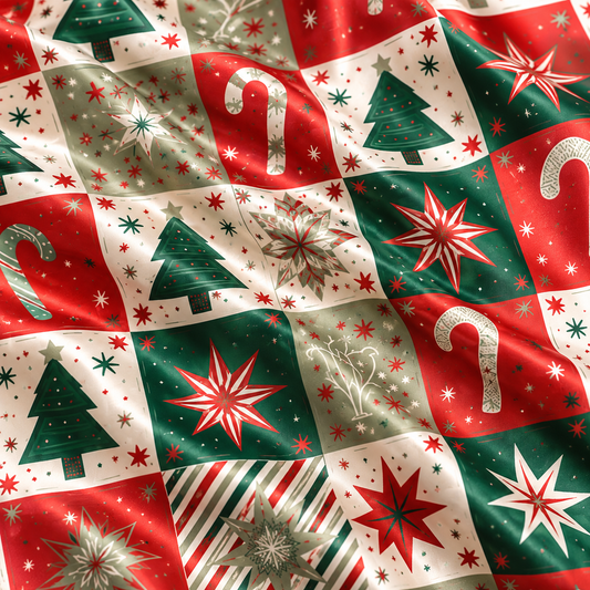 PJ-1990-Vintage Christmas Patchwork Satin Pajama Set, Candy Cane Tree Star Festive Holiday Sleepwear