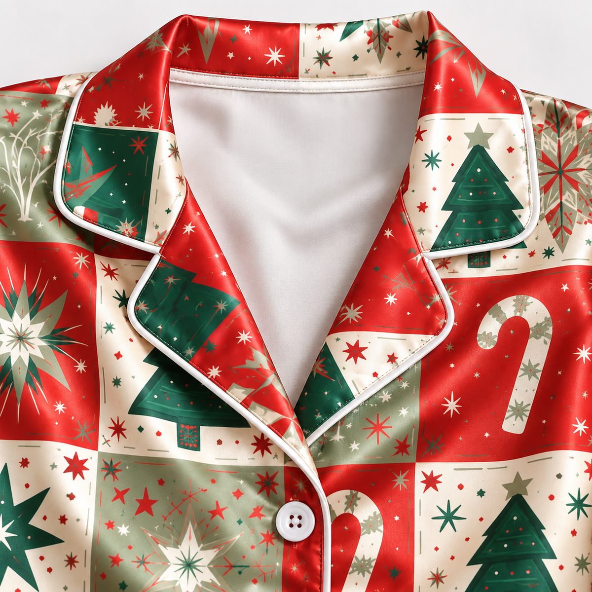PJ-1990-Vintage Christmas Patchwork Satin Pajama Set, Candy Cane Tree Star Festive Holiday Sleepwear