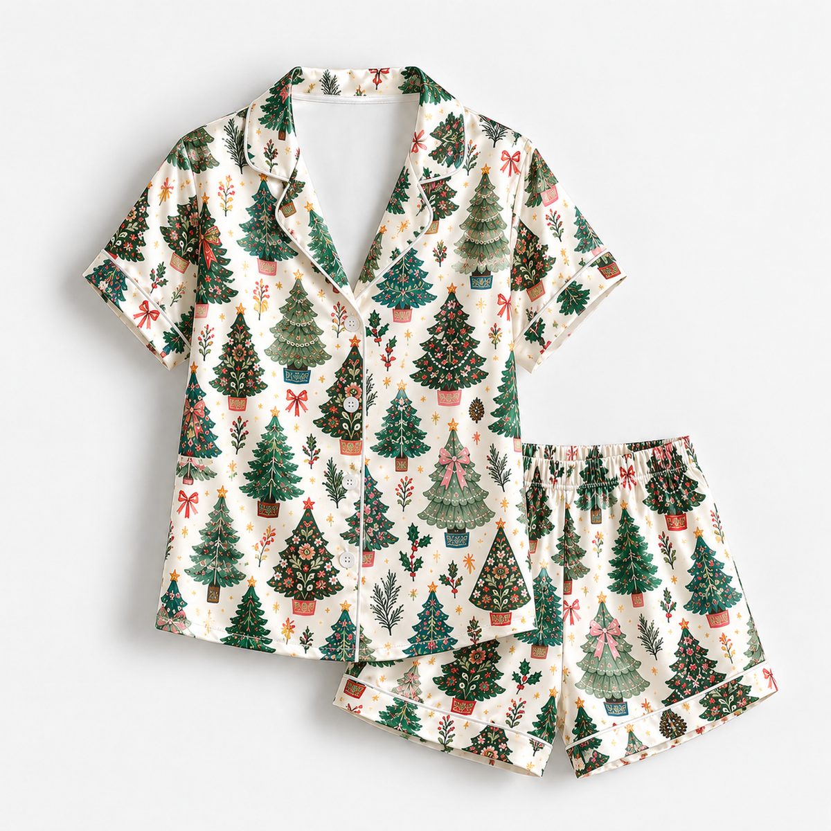 PJ-1994-Vintage Christmas Tree Satin Pajama Set, Botanical Bow Festive Holiday Sleepwear