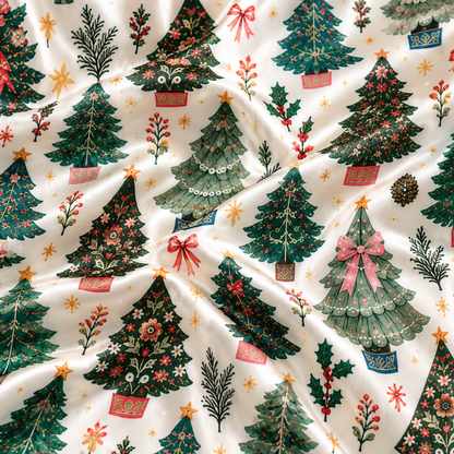 PJ-1994-Vintage Christmas Tree Satin Pajama Set, Botanical Bow Festive Holiday Sleepwear