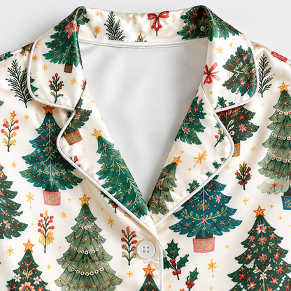PJ-1994-Vintage Christmas Tree Satin Pajama Set, Botanical Bow Festive Holiday Sleepwear