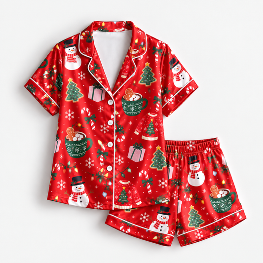 PJ-1995-Red Christmas Satin Pajama Set, Snowman Gingerbread Tree Gift Festive Holiday Sleepwear