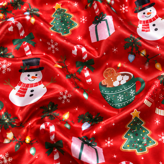 PJ-1995-Red Christmas Satin Pajama Set, Snowman Gingerbread Tree Gift Festive Holiday Sleepwear