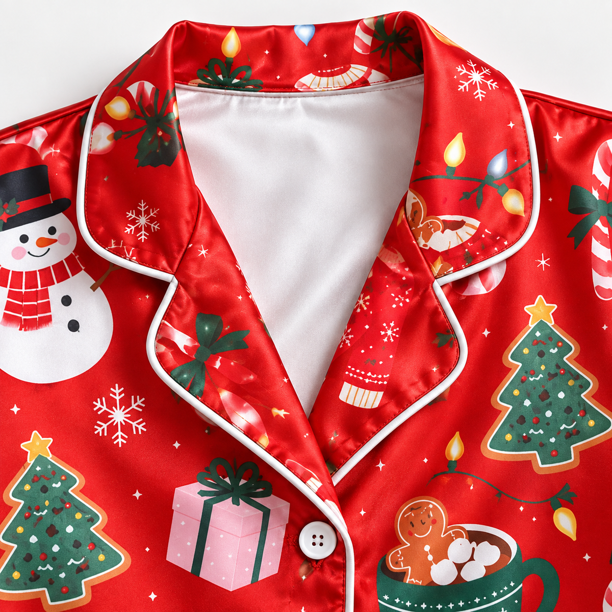 PJ-1995-Red Christmas Satin Pajama Set, Snowman Gingerbread Tree Gift Festive Holiday Sleepwear