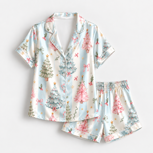 PJ-1996-Pastel Christmas Tree Satin Pajama Set, Pink Bow Star Festive Holiday Sleepwear