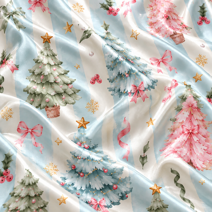 PJ-1996-Pastel Christmas Tree Satin Pajama Set, Pink Bow Star Festive Holiday Sleepwear