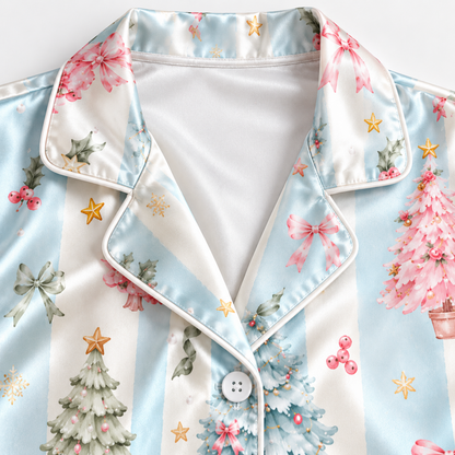 PJ-1996-Pastel Christmas Tree Satin Pajama Set, Pink Bow Star Festive Holiday Sleepwear