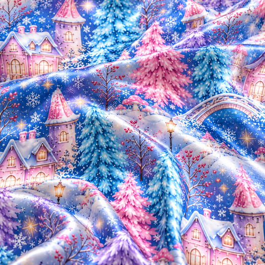 PJ-1997-Winter Wonderland Satin Pajama Set, Snowy Castle Pastel Tree Cozy Holiday Sleepwear