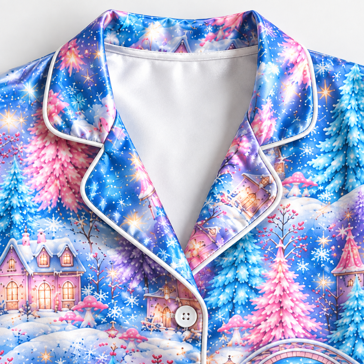 PJ-1997-Winter Wonderland Satin Pajama Set, Snowy Castle Pastel Tree Cozy Holiday Sleepwear