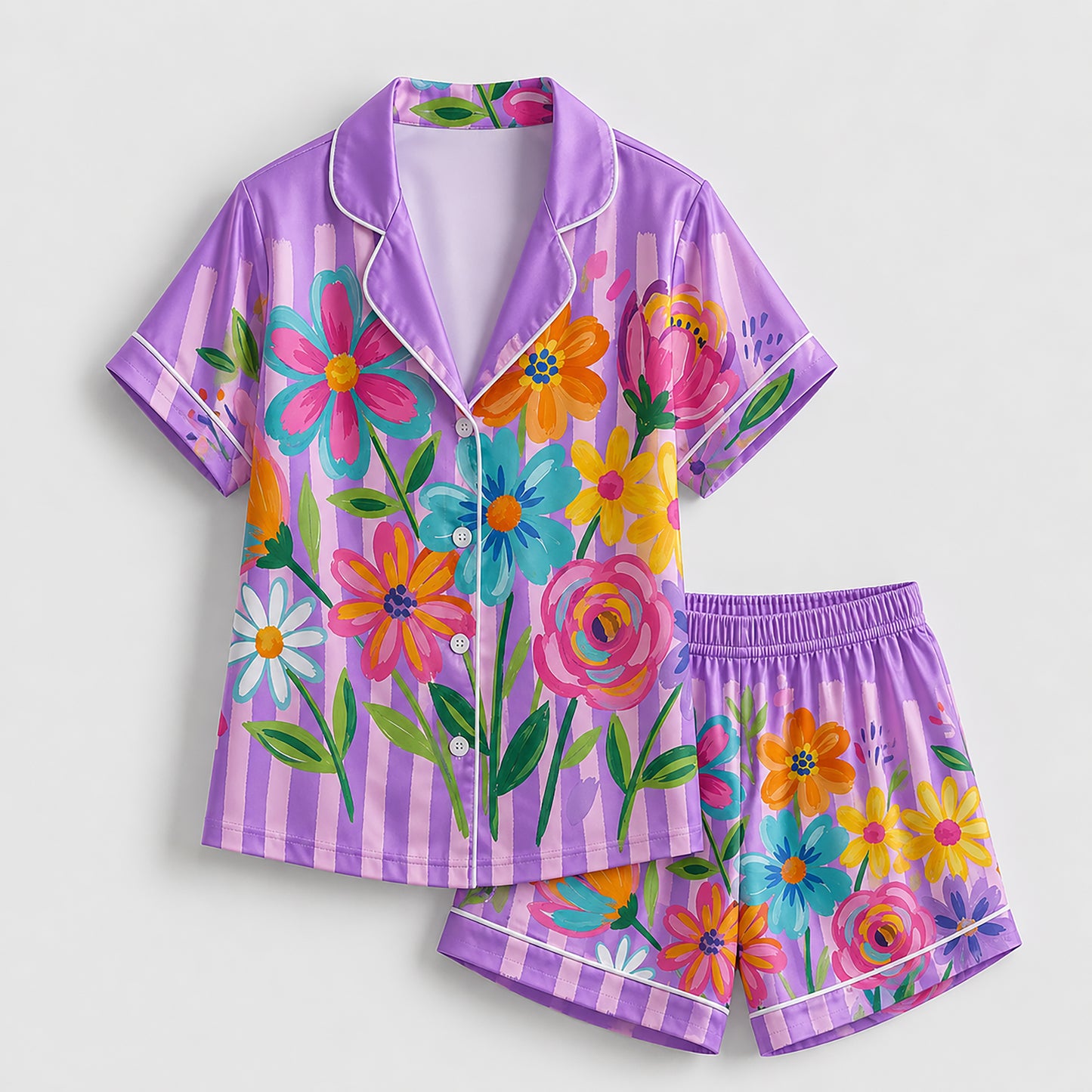 PJ-201-Rainbow Garden Satin Pajama Set With Button Up Top And Comfortable Matching Sleepwear Bottoms FREE SHIPING