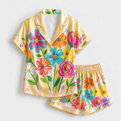 PJ-201-Rainbow Garden Satin Pajama Set With Button Up Top And Comfortable Matching Sleepwear Bottoms FREE SHIPING