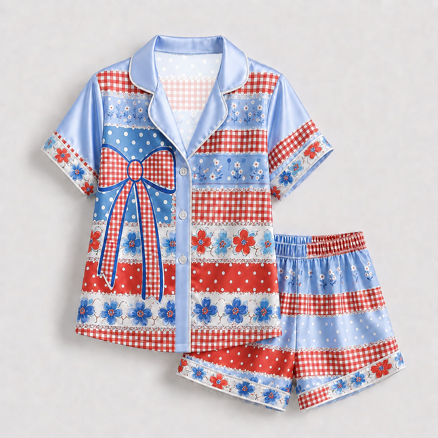 PJ-202-Satin Colorful Americana Festive Ribbon Button-Up Set FREE SHIPING