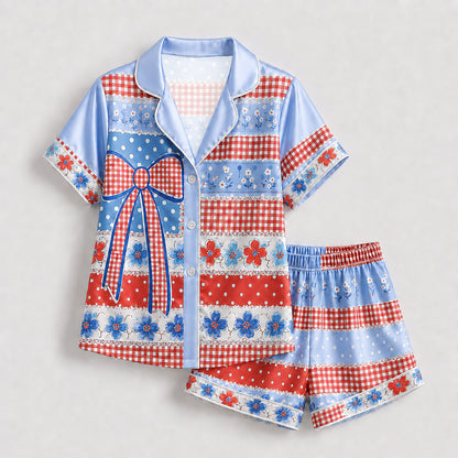 PJ-202-Satin Colorful Americana Festive Ribbon Button-Up Set FREE SHIPING