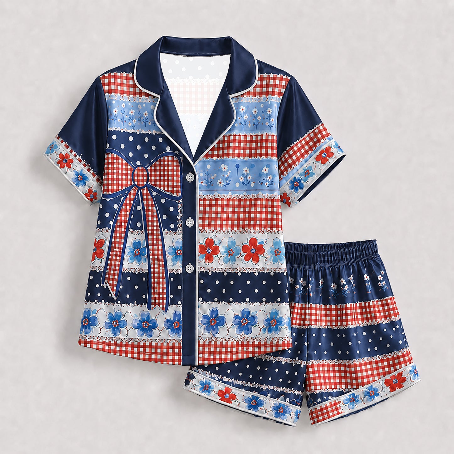 PJ-202-Satin Colorful Americana Festive Ribbon Button-Up Set FREE SHIPING