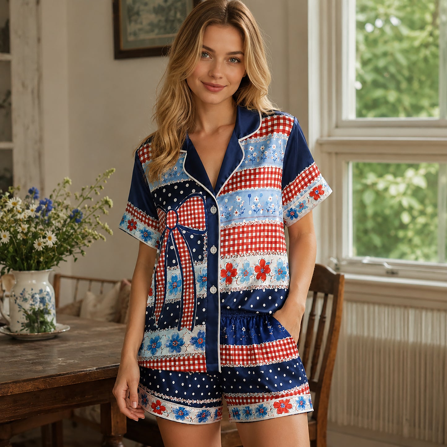 PJ-202-Satin Colorful Americana Festive Ribbon Button-Up Set FREE SHIPING