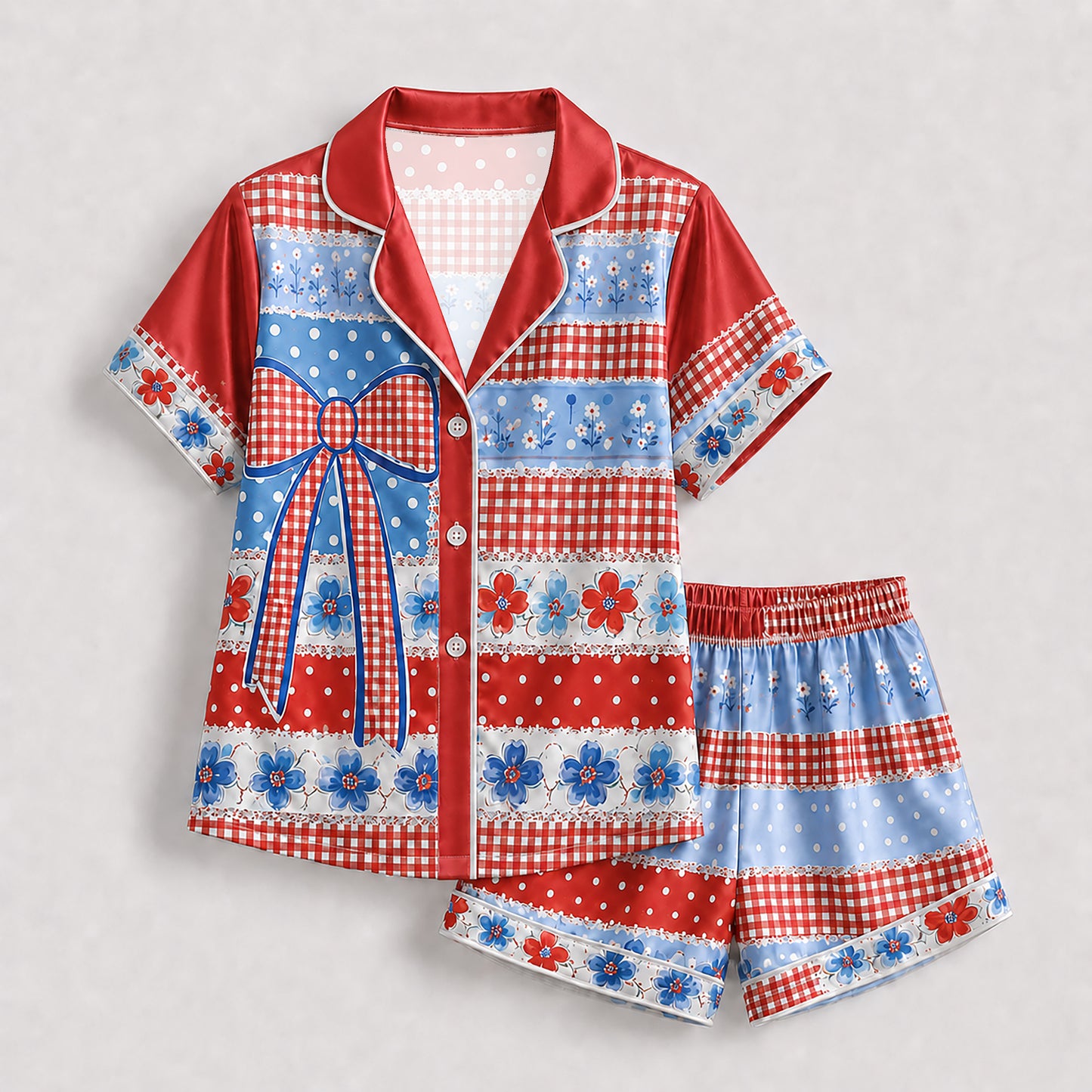 PJ-202-Satin Colorful Americana Festive Ribbon Button-Up Set FREE SHIPING