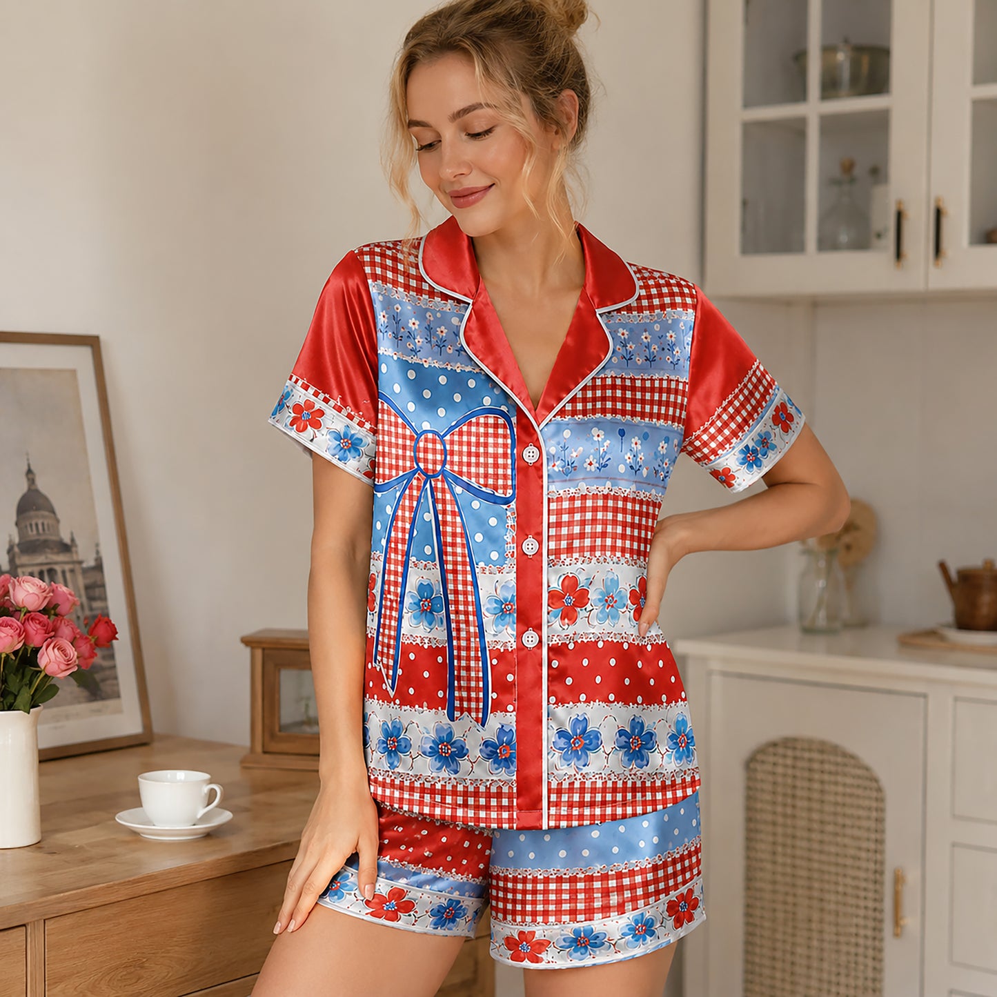 PJ-202-Satin Colorful Americana Festive Ribbon Button-Up Set FREE SHIPING