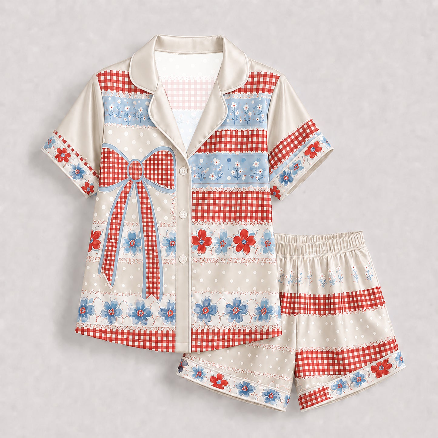 PJ-202-Satin Colorful Americana Festive Ribbon Button-Up Set FREE SHIPING