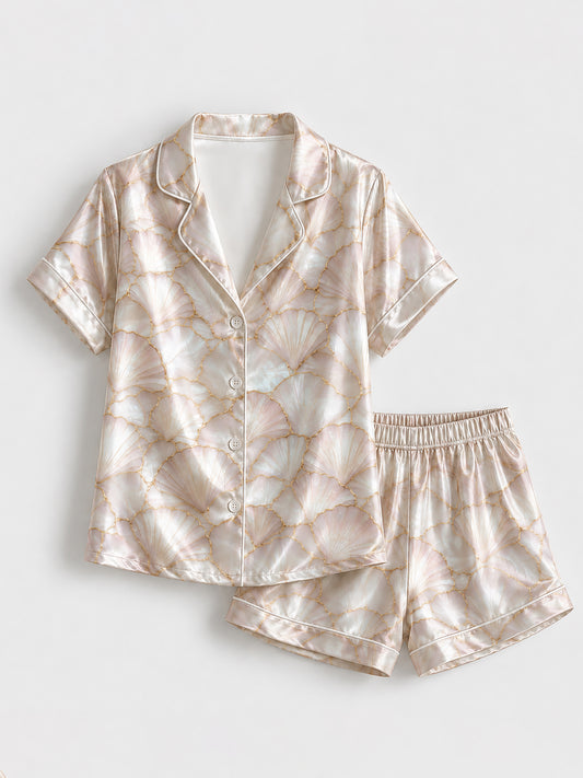 PJ-203-Elegant Shell Pattern Satin Pajama Set With Button Up Top And Comfortable Matching Bottoms FREE SHIPING