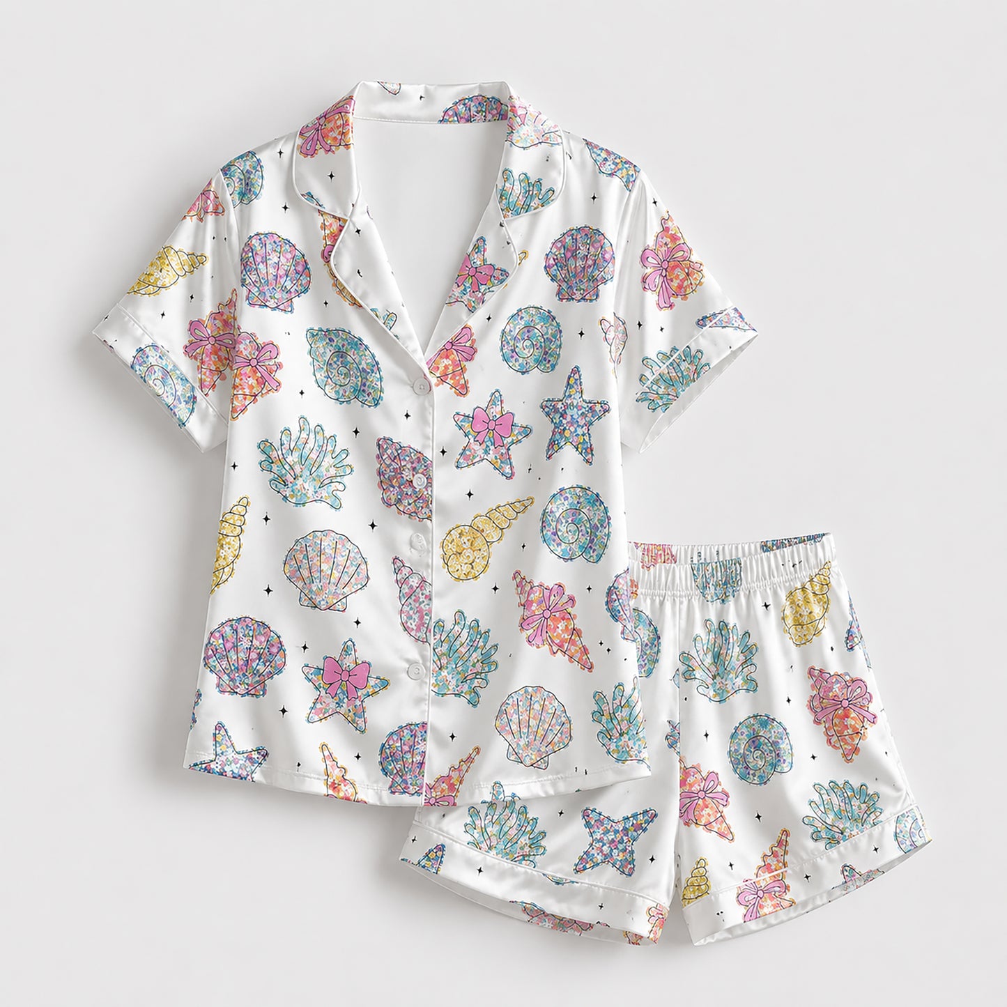PJ-204-Satin Colorful Coastal Seashell Piping Button-Up Set FREE SHIPING