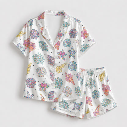 PJ-204-Satin Colorful Coastal Seashell Piping Button-Up Set FREE SHIPING