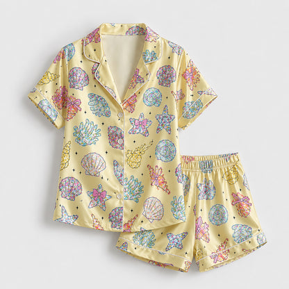 PJ-204-Satin Colorful Coastal Seashell Piping Button-Up Set FREE SHIPING