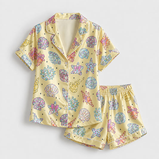PJ-204-Satin Colorful Coastal Seashell Piping Button-Up Set FREE SHIPING