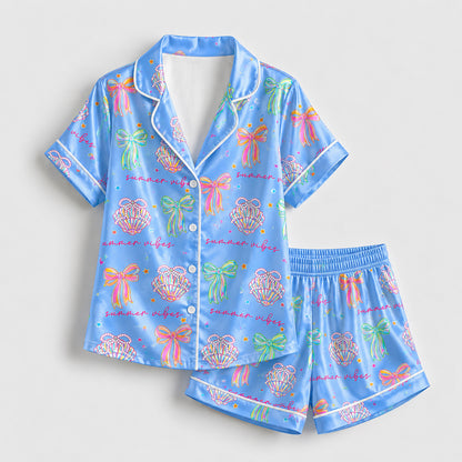 PJ-206-The Mermaidcore Coastal Bow Satin Sleep Set FREE SHIPING