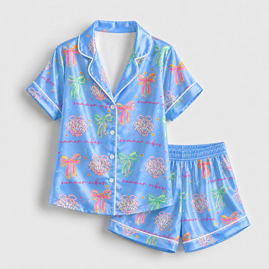 PJ-206-The Mermaidcore Coastal Bow Satin Sleep Set FREE SHIPPING