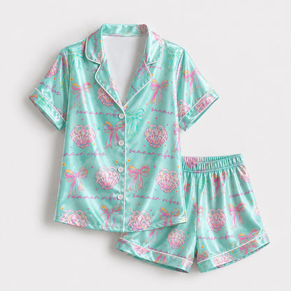 PJ-206-The Mermaidcore Coastal Bow Satin Sleep Set FREE SHIPING