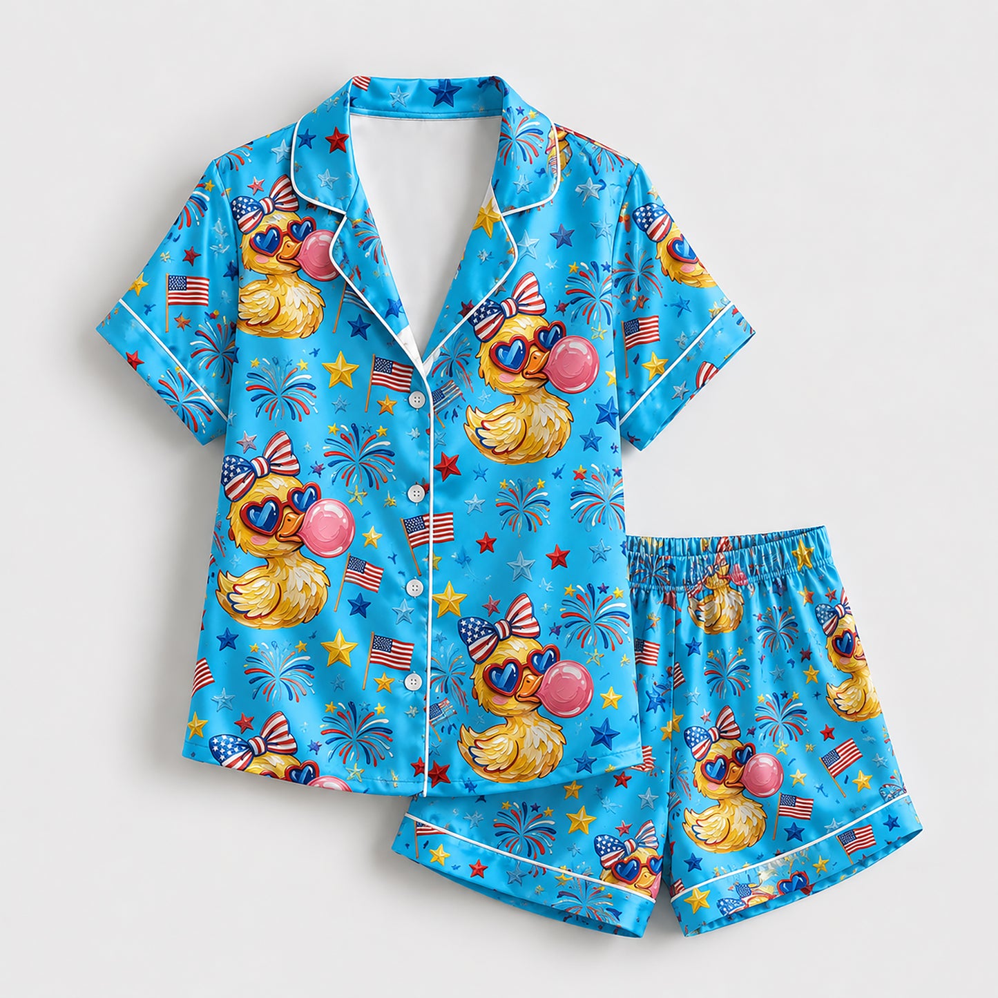 PJ-207-Unisex Satin Pajama Set with Patriotic Duck Fireworks Print Button Down Sleepwear Shirt and Bottoms FREE SHIPING