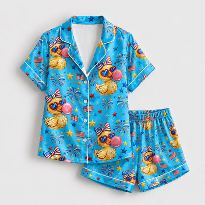 PJ-207-Unisex Satin Pajama Set with Patriotic Duck Fireworks Print Button Down Sleepwear Shirt and Bottoms FREE SHIPING