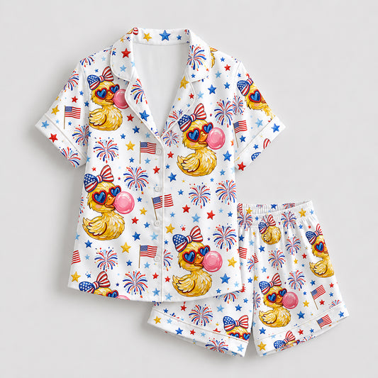 PJ-207-Unisex Satin Pajama Set with Patriotic Duck Fireworks Print Button Down Sleepwear Shirt and Bottoms FREE SHIPPING