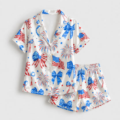 PJ-208-Fourth July Satin Pajama Set, Graphic Star Bow Patterned White Unisex Loungewear Nightwear Apparel FREE SHIPING