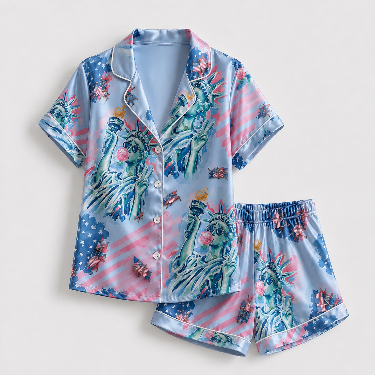 PJ-209-Unisex Satin Pajamas with American Flag Statue of Liberty Print Button Front Sleepwear Set FREE SHIPING