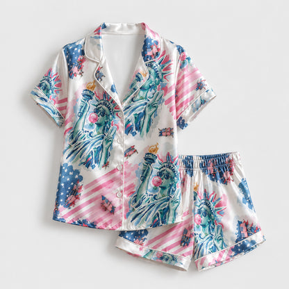 PJ-209-Unisex Satin Pajamas with American Flag Statue of Liberty Print Button Front Sleepwear Set FREE SHIPING