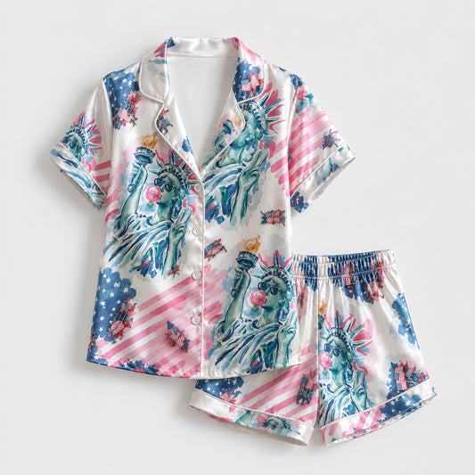 PJ-209-Unisex Satin Pajamas with American Flag Statue of Liberty Print Button Front Sleepwear Set FREE SHIPING