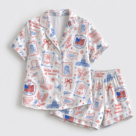 PJ-210-Unisex Satin Pajama Set with USA Patriotic Doodle Print Button Down Sleepwear Shirt and Pants FREE SHIPPING