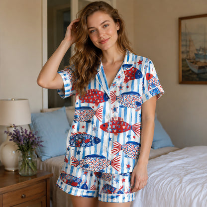 PJ-211-Unisex White Blue Satin Pajama Set with Patriotic Fish Pattern Button Down Sleepwear FREE SHIPING