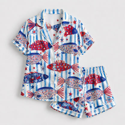 PJ-211-Unisex White Blue Satin Pajama Set with Patriotic Fish Pattern Button Down Sleepwear FREE SHIPING