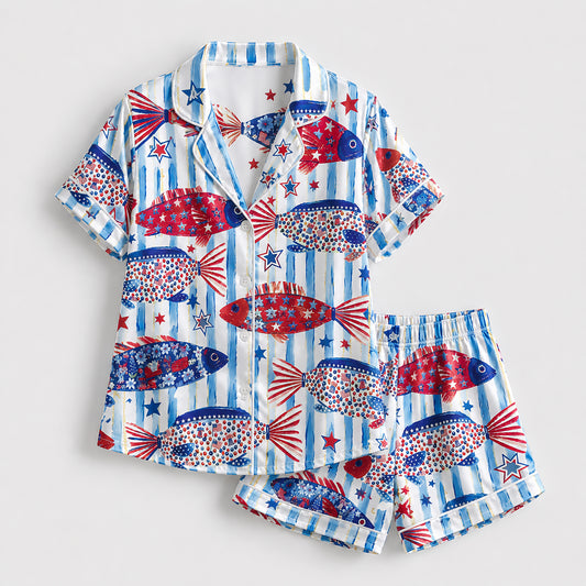 PJ-211-Unisex White Blue Satin Pajama Set with Patriotic Fish Pattern Button Down Sleepwear FREE SHIPPING