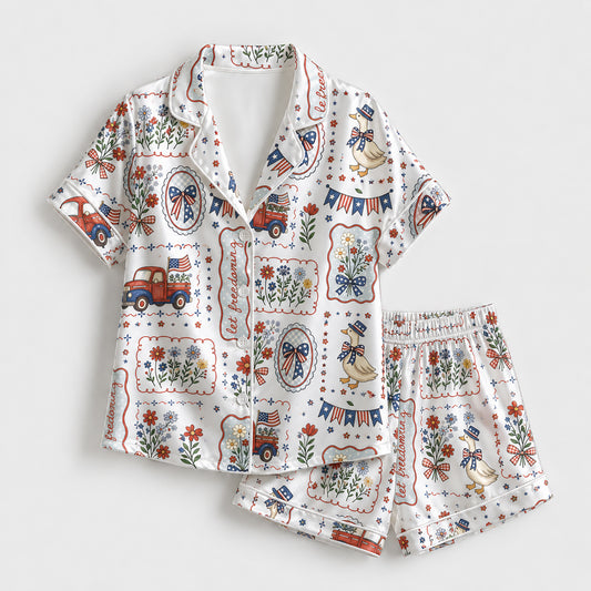 PJ-212-Unisex Satin Pajama Set with Patriotic Goose Truck Floral Print Button Down Sleepwear Shirt and Pants FREE SHIPPING