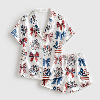 PJ-213-Unisex Satin Pajama Set with Patriotic Paw Bow Print Button Down Sleepwear Shirt and Pants FREE SHIPING