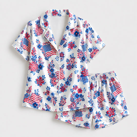 PJ-220-Unisex Satin Pajama Set with Patriotic Floral Flag Print Button Down Sleepwear Shirt and Pants FREE SHIPPING