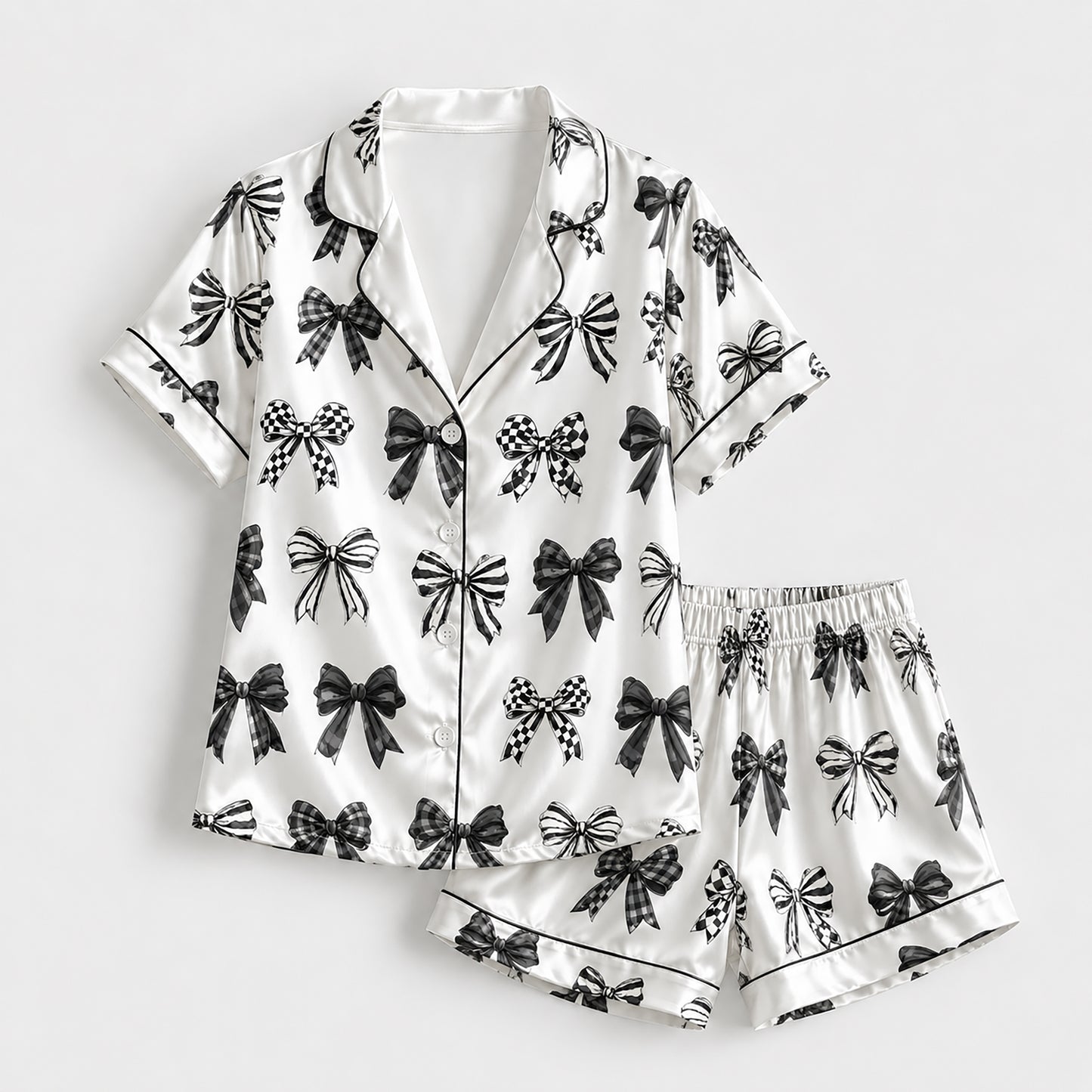 PJ-221-Coquette Style Monochromatic Ribbon Print Button-Down Silky Sleepwear Set FREE SHIPING