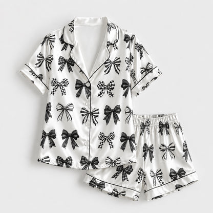 PJ-221-Coquette Style Monochromatic Ribbon Print Button-Down Silky Sleepwear Set FREE SHIPING